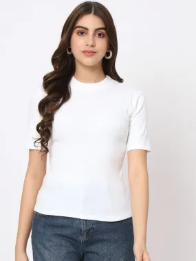 White Solid Round Neck Regular Top
