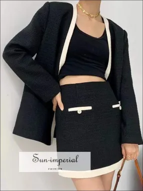 Women Black Woven Two Piece Pencil Mini Skirt and Jacket Set with White Edge detail