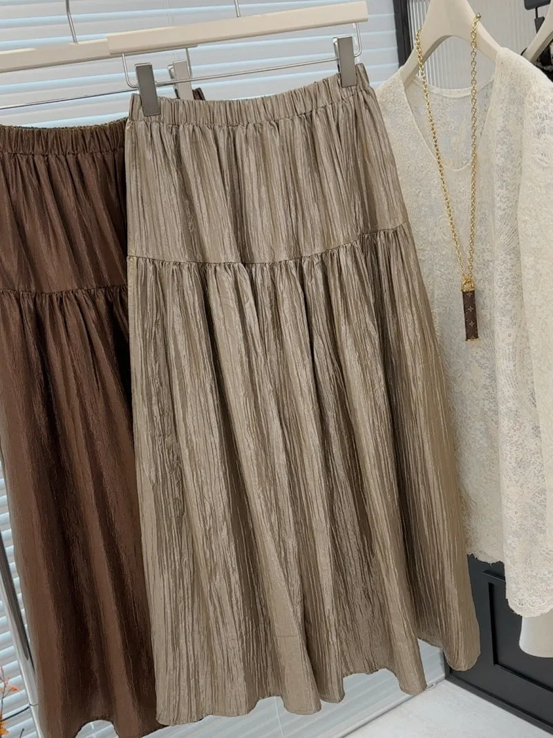 Women Elastic Waistband Umbrella Midi Skirt
