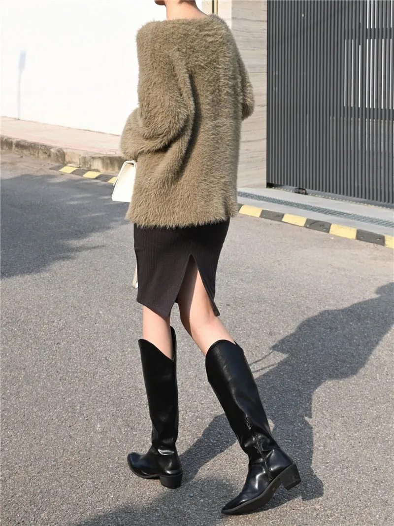 Women V-front Rib Mini Skirt Pencil Skirt With Back Split