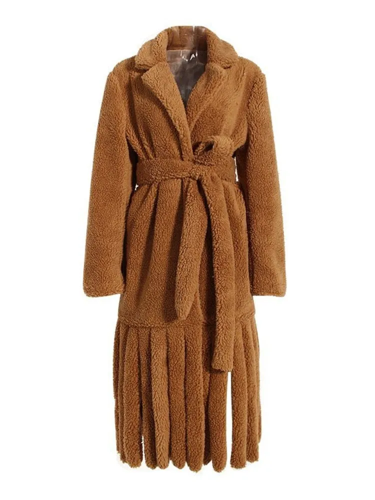 Women's Lamb Wool Plush Coat Loose Lace Up Plush Overcoat