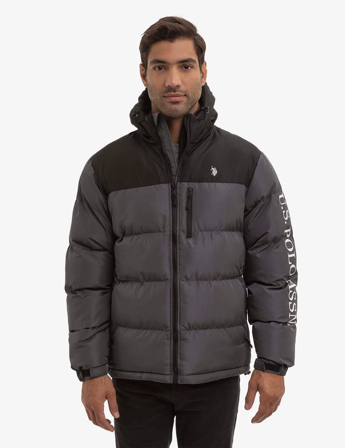 WORDMARK COLORBLOCK HOODED PUFFER JACKET