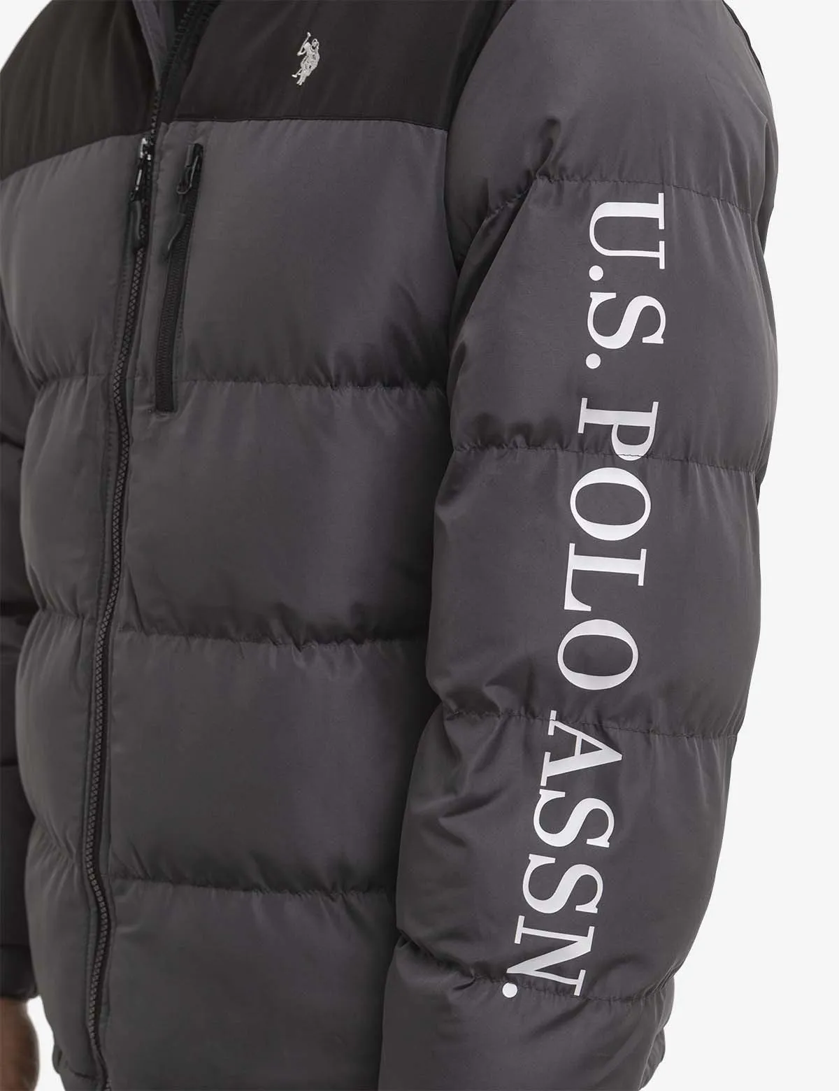 WORDMARK COLORBLOCK HOODED PUFFER JACKET