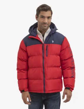 WORDMARK COLORBLOCK HOODED PUFFER JACKET