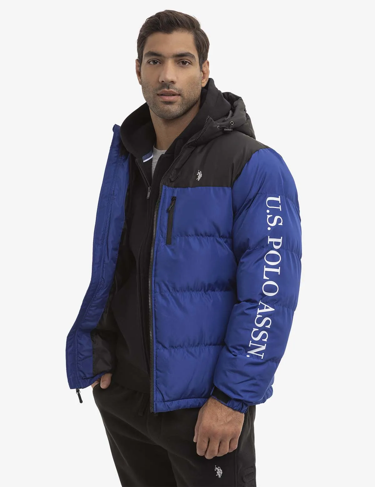 WORDMARK COLORBLOCK HOODED PUFFER JACKET