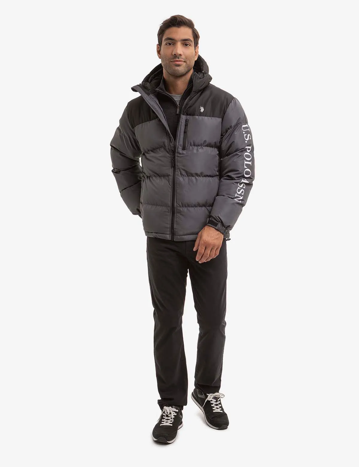 WORDMARK COLORBLOCK HOODED PUFFER JACKET