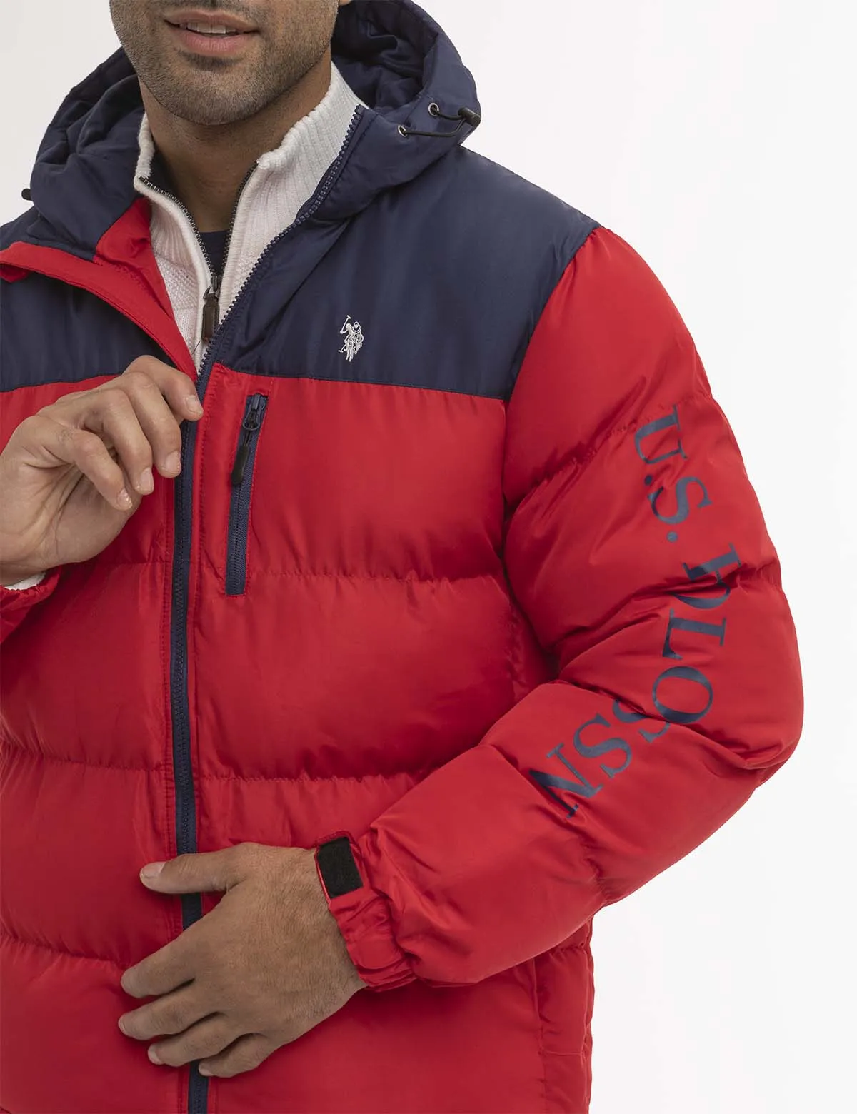 WORDMARK COLORBLOCK HOODED PUFFER JACKET