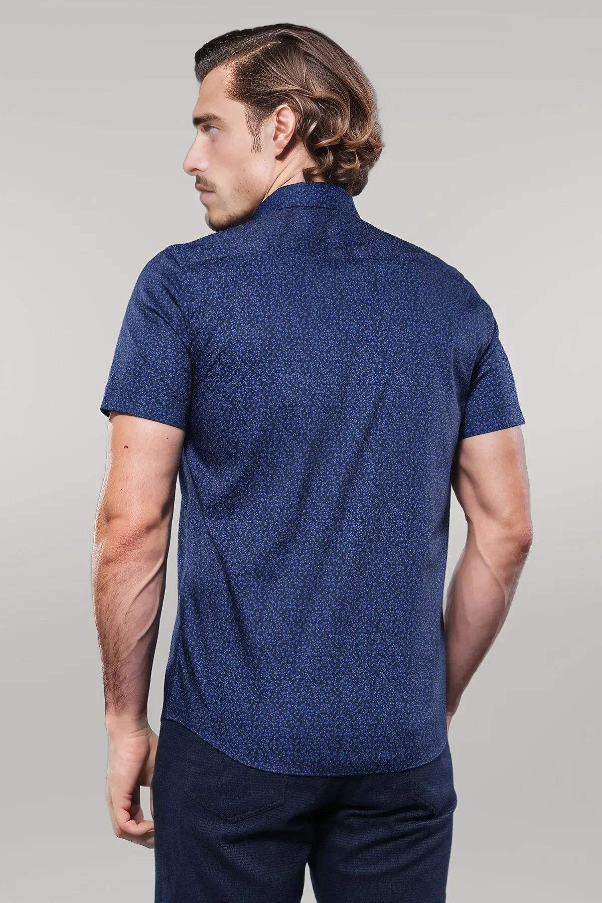 WSS Patterned Short Sleeves Navy Blue Men Shirt  - Singen
