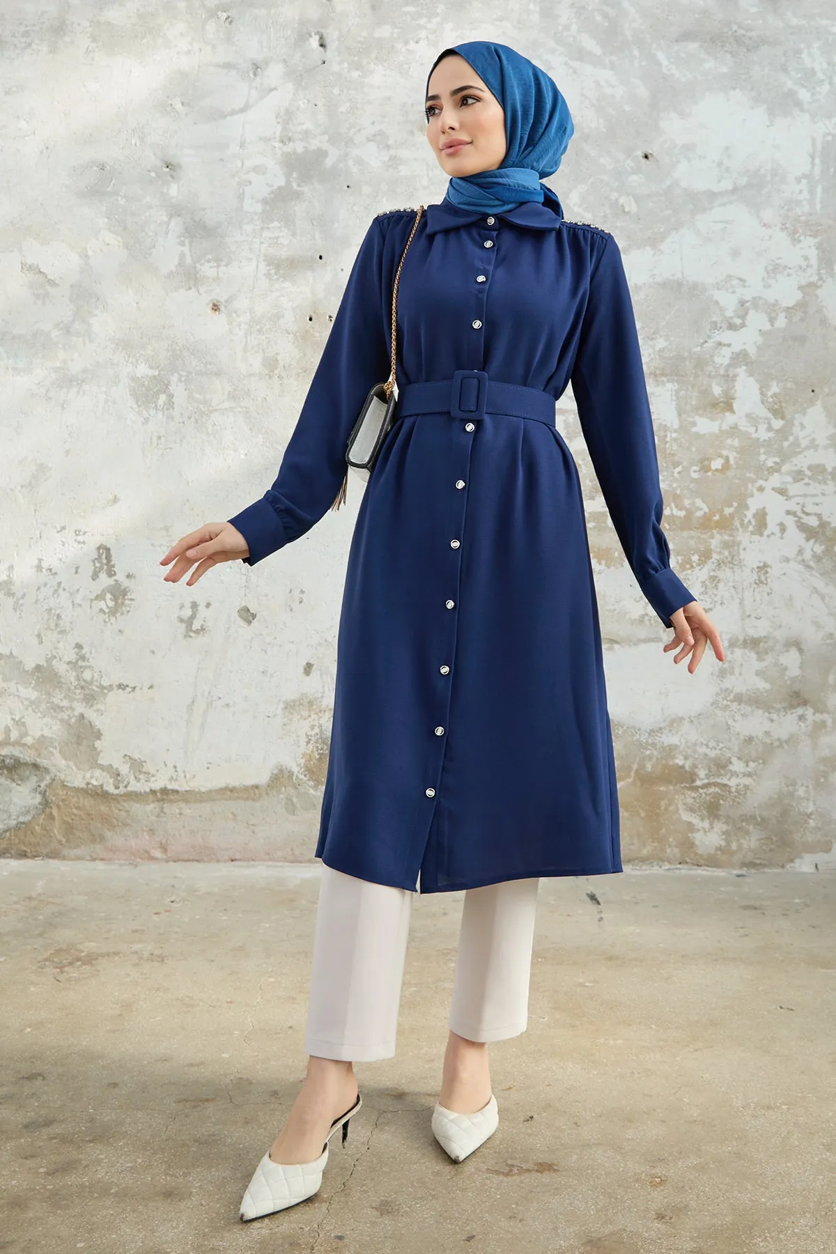 ZRF Women Belted Shoulder Stoned Tunic - Indigo - Gravesend