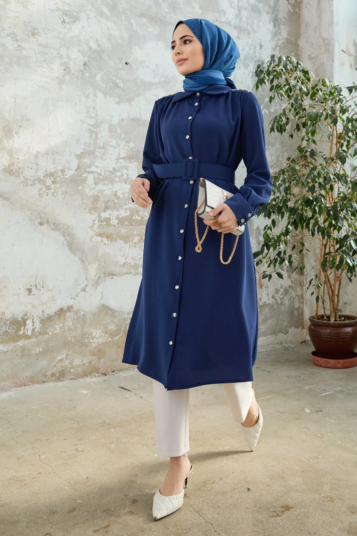 ZRF Women Belted Shoulder Stoned Tunic - Indigo - Gravesend